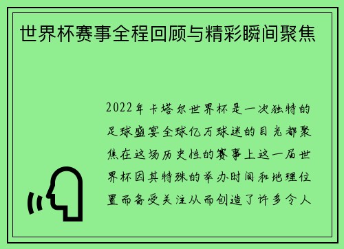 世界杯赛事全程回顾与精彩瞬间聚焦