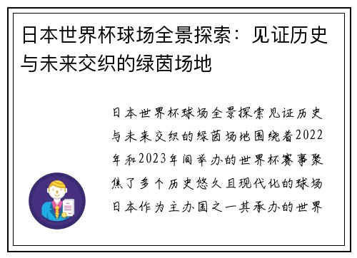 日本世界杯球场全景探索：见证历史与未来交织的绿茵场地